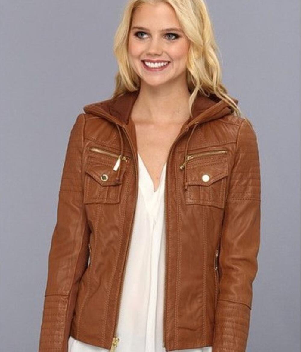 Michael Kors Leather Motorcycle Hooded Tan Jacket Size PS
